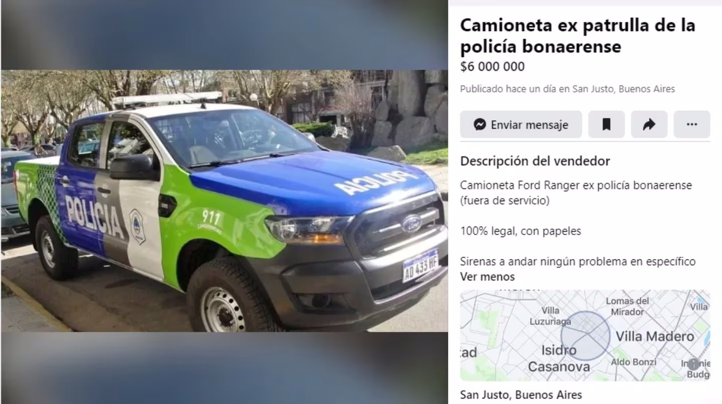 Insólito: venden un patrullero de la Policía Bonaerense por Facebook